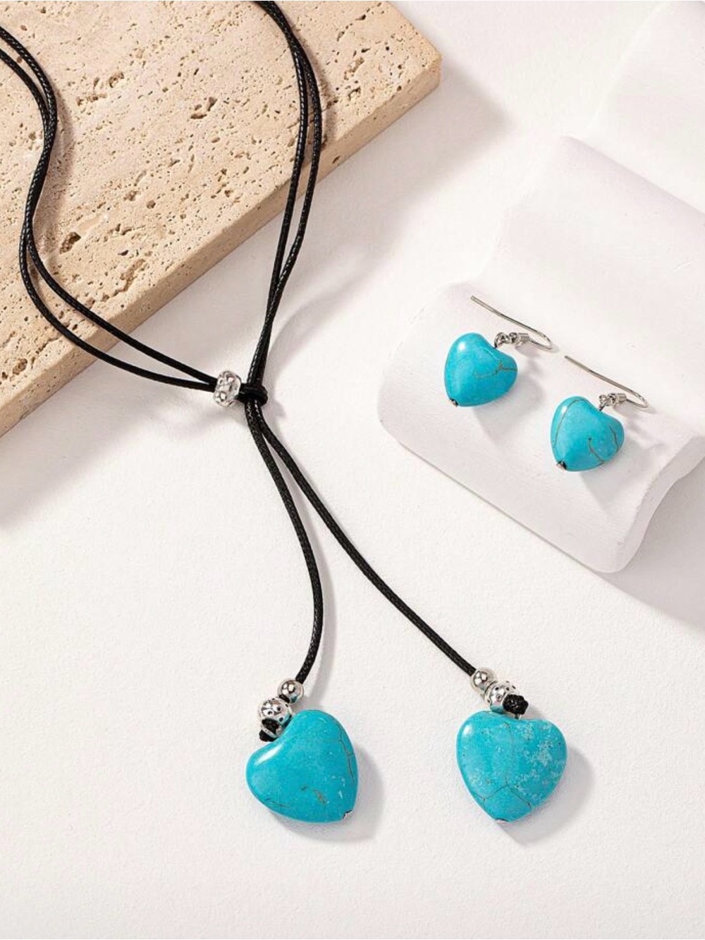 Turquoise Heart Pendant Lariat Necklace and Earrings Set - Blue